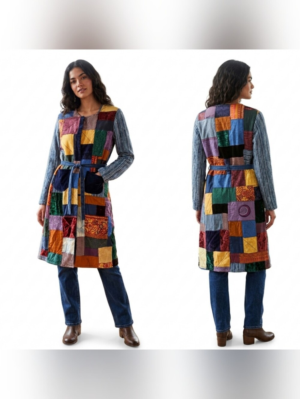 Your Local Fairy Godmother Patchwork Trench Duster Coat Belted Boho Vintage Styl
